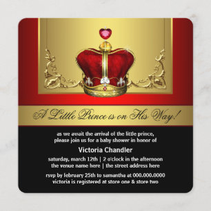 Red Gold Crown Prince Baby shower Kaart