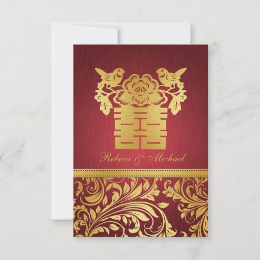 Red & Gold Damask, Chinees Dubbelgeluk RSVP Kaartje (Voorkant)