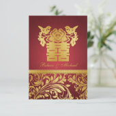Red & Gold Damask, Chinees Dubbelgeluk RSVP Kaartje (Staand voorkant)