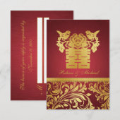 Red & Gold Damask, Chinees Dubbelgeluk RSVP Kaartje (Voorkant / Achterkant)