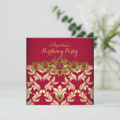 Red Gold Damask Elegant Birthday Party Kaart (Staand voorkant)