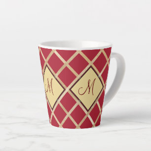 Red Gold Diamond Geometric Pattern Monogram Latte Mok