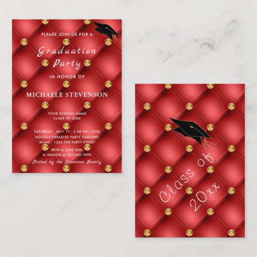 Red Gold Diamonds Tufted Afstuderen Invitation Notitiekaartje (Voorkant / Achterkant)