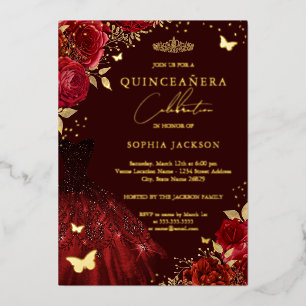 Red Gold Dress Floral Butterfly Quinceanera Folie Uitnodiging