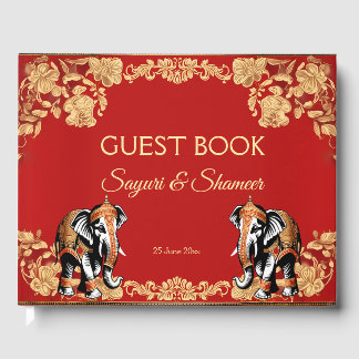 Red gold elephants Indian wedding personalized Gastenboek