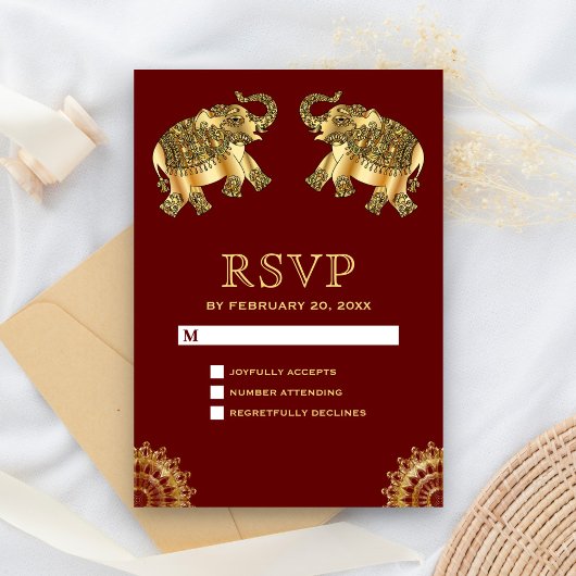 Red Gold Ethnic Elephants Indian RSVP