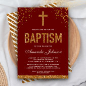 Red Gold Faux Glitter Cross Royal Baptisme Kaart