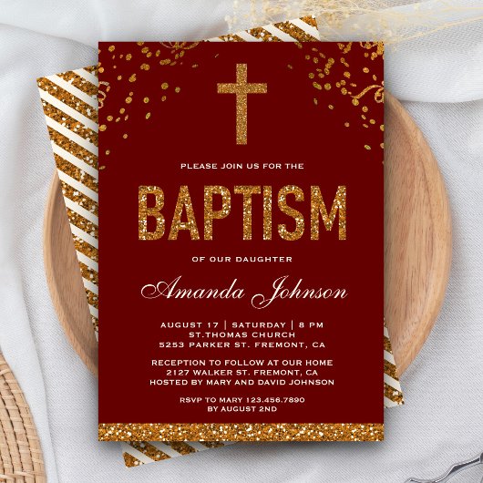 Red Gold Faux Glitter Cross Royal Baptisme Kaart