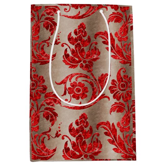 Red Gold Faux Velvet Damask Elegant Medium Cadeauzakje (Voorkant)