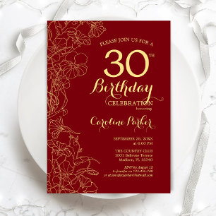 Red Gold Floral 30th Birthday Party Kaart