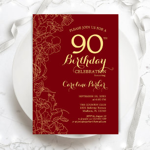 Red Gold Floral 90th Birthday Party Kaart