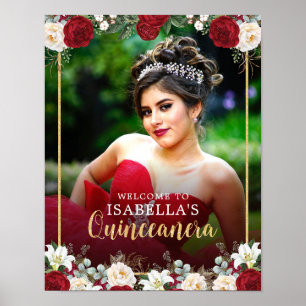 Red Gold Floral Photo Quinceañera Affiche de bienv