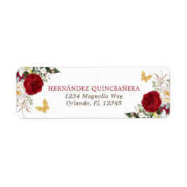 Red Gold Floral Quinceañera Return Address Etiket