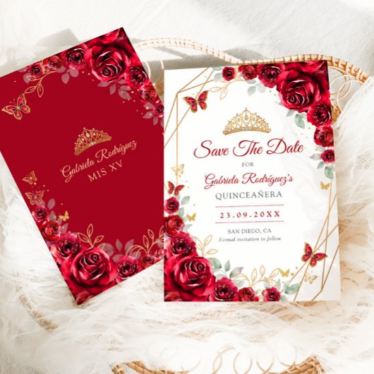 Red Gold Floral Quinceanera Save The Date