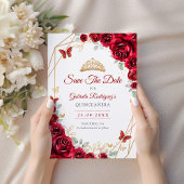 Red Gold Floral Quinceanera Save The Date