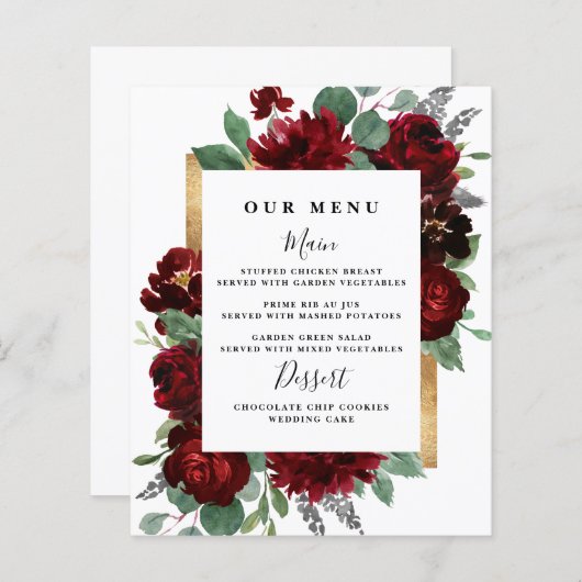 Red Gold Floral Rustic Élégant blanc Mariage Menus (Devant / Derrière)
