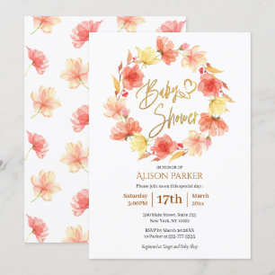 Red Gold Floral WreatWaterverf Baby shower Kaart