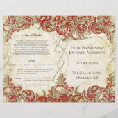 Red Gold Gatsby Paisley Peacock Wedding Programme (Devant)