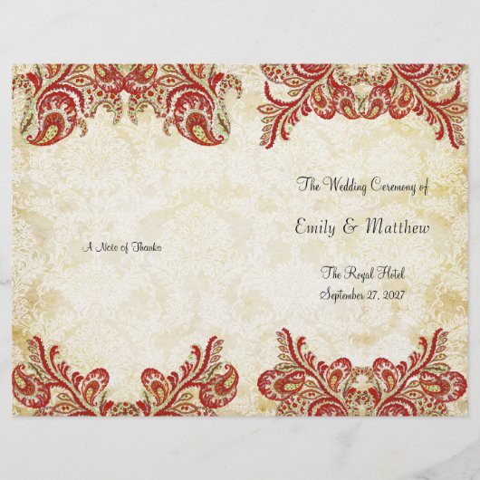 Red Gold Gatsby Paisley Peacock Wedding Programme (Voorkant)