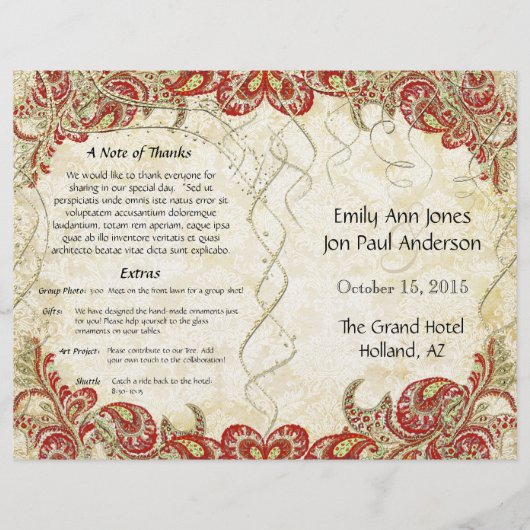 Red Gold Gatsby Paisley Peacock Wedding Programme (Devant)
