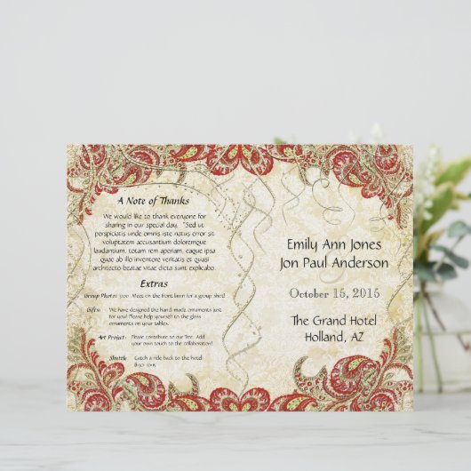 Red Gold Gatsby Paisley Peacock Wedding Programme (Debout devant)