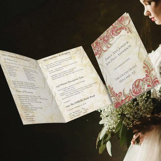 Red Gold Gatsby Paisley Peacock Wedding Programme