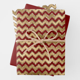 Red Gold Glam Zigzag Stripes Kerstmis Inpakpapier Vel