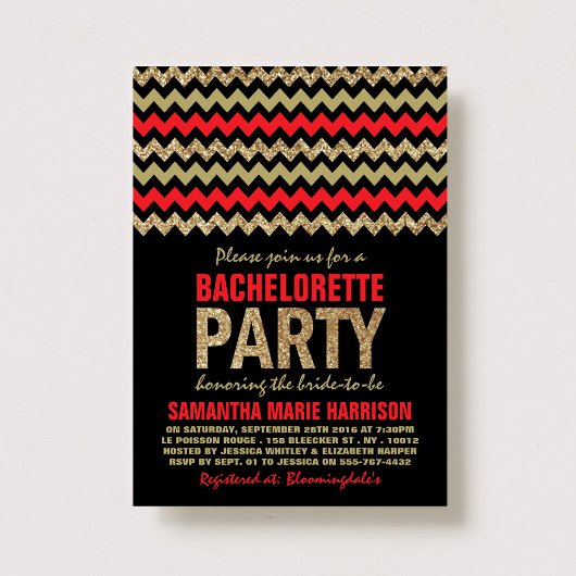 Red & Gold Glitter Chevron Bachelorette Party Kaart