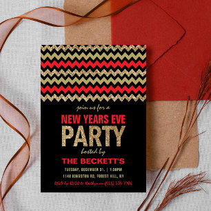 Red & Gold Glitter Chevron New Years Party Kaart
