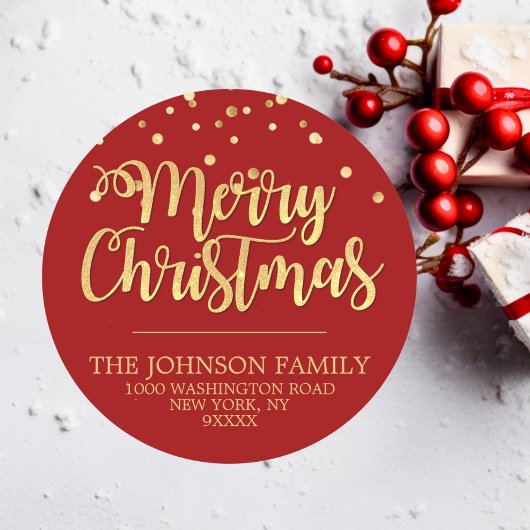 RED Gold Glitter Confetti Merry-kerstadres Ronde Sticker