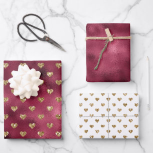Red Gold Glitter Hearts Inpakpapier Vel