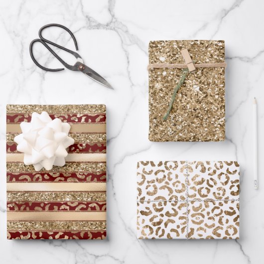 Red Gold Glitter Leopard Print Stripes Inpakpapier Vel (Voorkant)