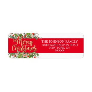 RED Gold Glitter Merry kerst Holly Etiket