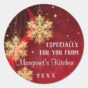 Red Gold Glitter Ornament Aangepaste Kerstvakantie Ronde Sticker