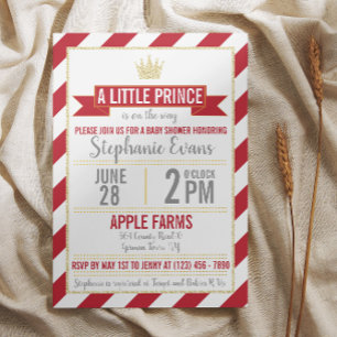 Red Gold Glitter Prince Baby shower Invite Kaart