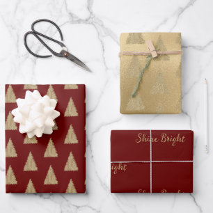 Red Gold Glitter Shine-kerstbomen      Inpakpapier Vel