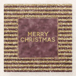 Red Gold Glitter Sparkle Stripes Kerstmis Glazen Onderzetter