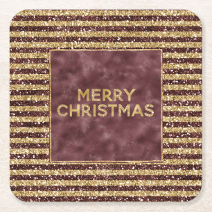 Red Gold Glitter Sparkle Stripes Kerstmis Vierkante Kartonnen Onderzetter