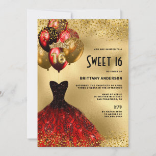 Red Gold Glitter Tiara Dress Sweet 16 verjaardag Kaart