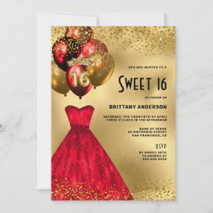 Red Gold Glitter Tiara Dress Sweet 16 verjaardag Kaart