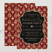 Red & Gold Heart Damask Valentine's Dinner Party Kaart (Voorkant / Achterkant)