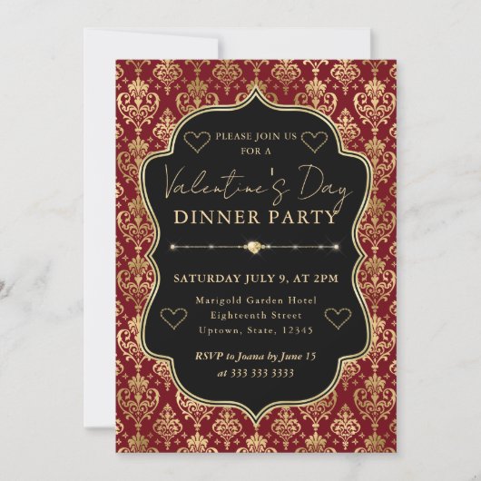 Red & Gold Heart Damask Valentine's Dinner Party Kaart (Voorkant)