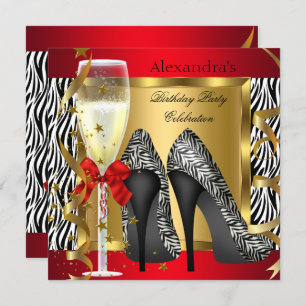 Red Gold High Heels Zebra Champagne Birthday Party Kaart