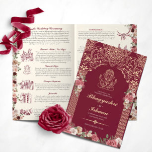 Red & Gold Hindu Mariage Ceremony Programme plié