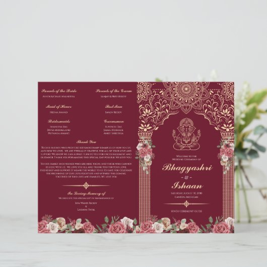 Red & Gold Hindu Wedding Ceremony Folded Program (Staand voorkant)