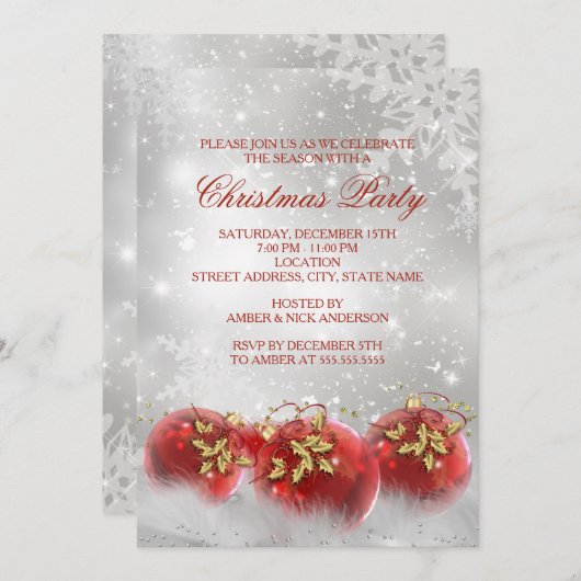 Red & Gold Holly Baubles kerst uitnodiging (Voorkant / Achterkant)