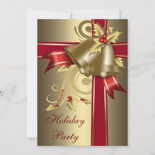Red & Gold Holly Bells Invitations de fête de vaca