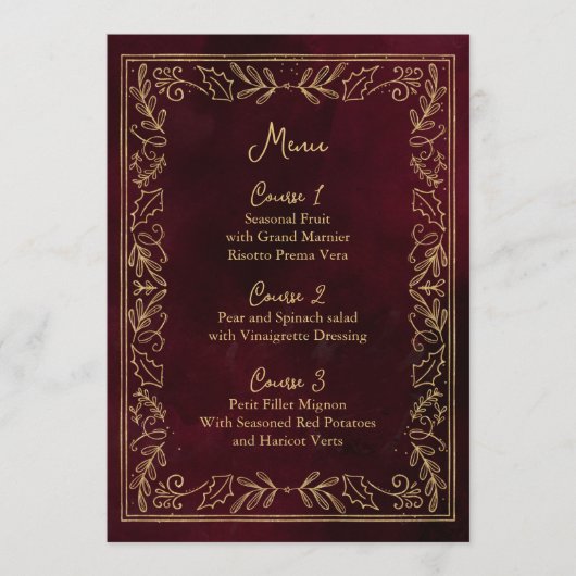 Red Gold Holly Berry kerstbruiloft Menu (Voorkant)