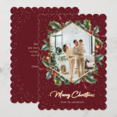 Red Gold Holly Wreath Photo Joyeuse carte de Noël (Devant / Derrière)