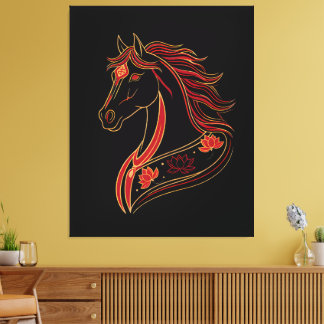 Red & Gold Horse with Lotus, Spiritual Symbolic Canvas Afdruk
